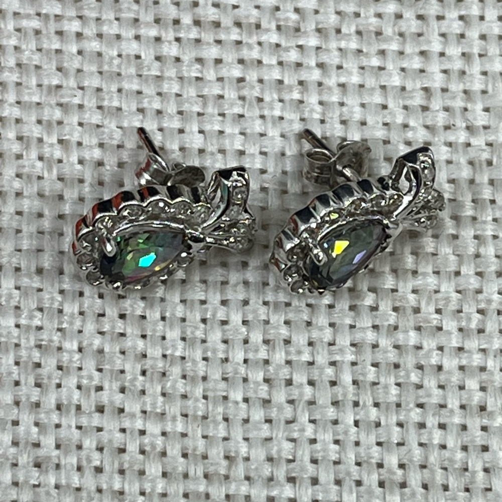 Vintage 10k White Gold Mystic Topaz & Diamond Earrings - Picture 3 of 15